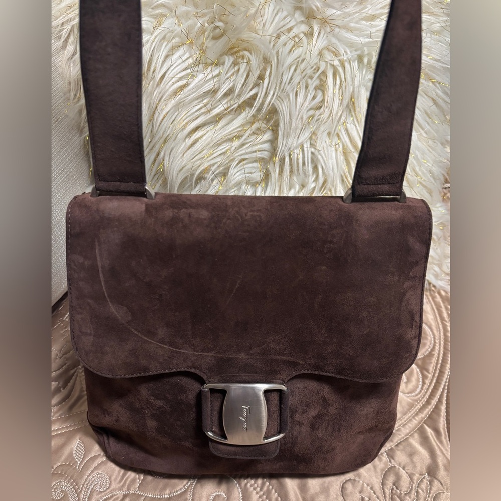 Salvatore Ferragamo Purse Suede Shoulder Tote Bag Brown EE-21 8873 Vintage